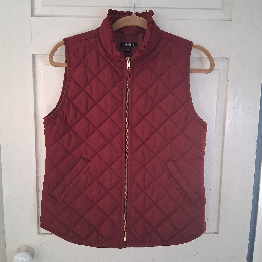 J. Crew Mercantile Woman's Maroon Quilted Vest with Ruffle Details Sz S